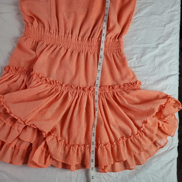 MISA LOS ANGELES small (S) coral peach gold foild confetti ruffles mini dress - Picture 12 of 16